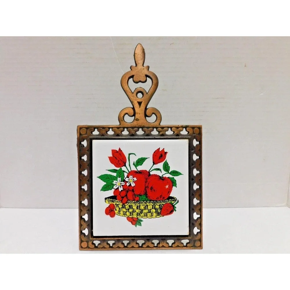 Vintage 1970's Cast Iron & Ceramic Tile Trivet Assorted Vegetables JC484